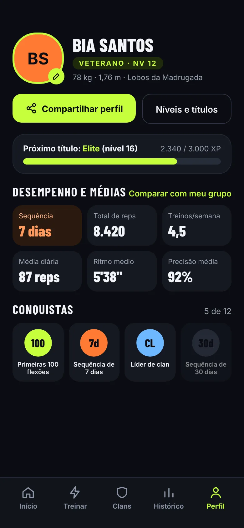 Tela do app: Perfil e conquistas